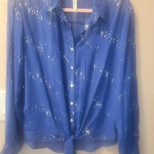 NY Collection Royal Blue Button-Front Tie Hem Blouse with Metallic Dot Print